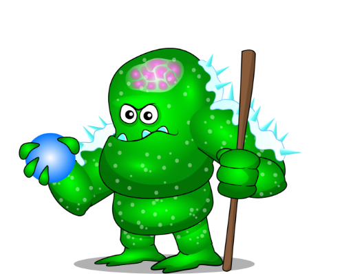 Green Monster, facing leftward while holding a staff.