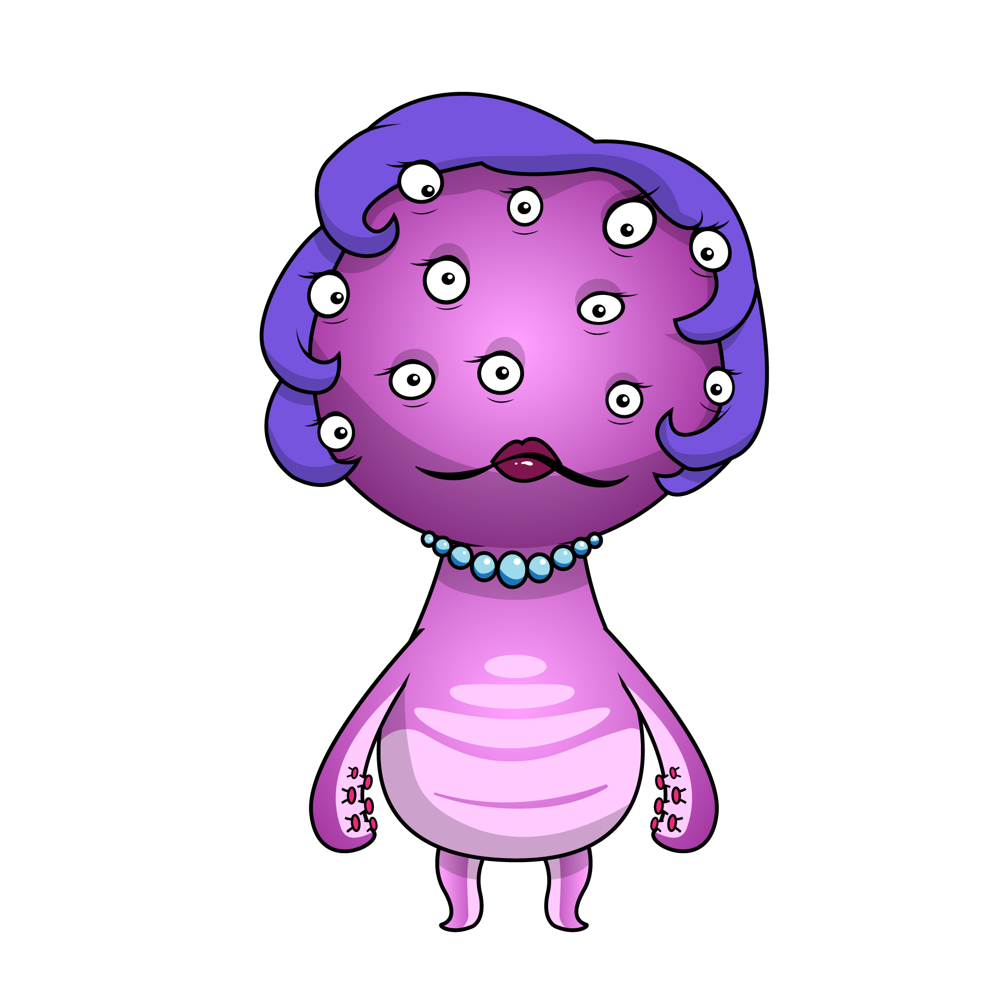 Prime the purple, 11-eyed monster with violet hair.